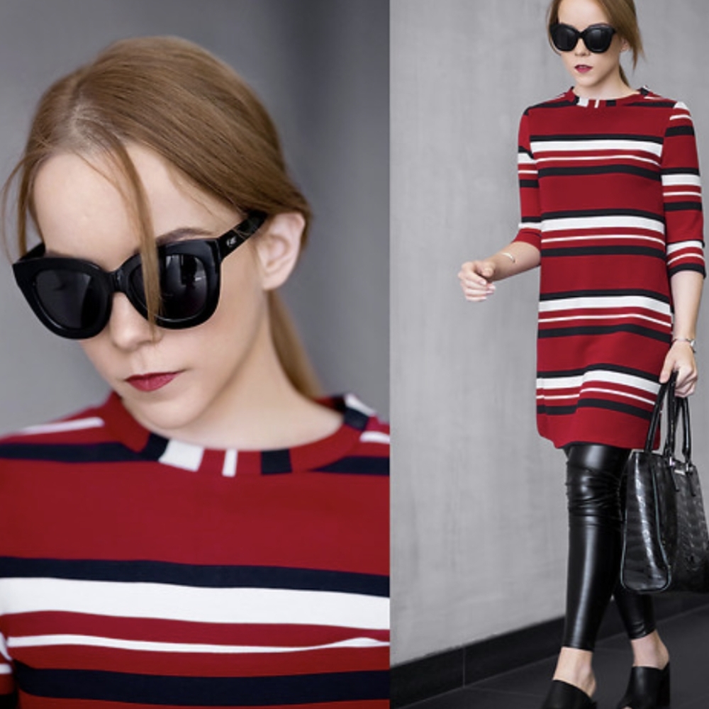 Zara Trafaluc Red Striped 3/4 Sleeve Shift Mini Dress Size Small